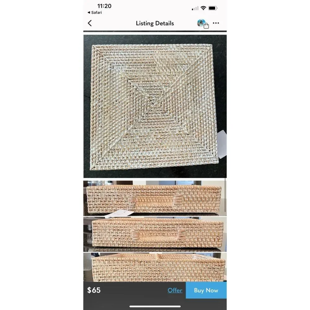 New Pottery Barn Tava Handwoven Rattan Sorting Tray Basket With Handle Whitewash